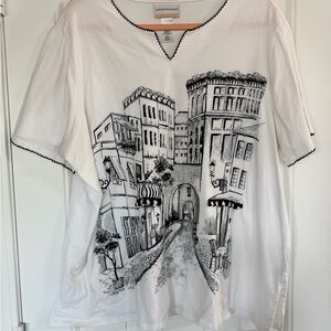 Alfred Dunner White and Black Graphic Blouse